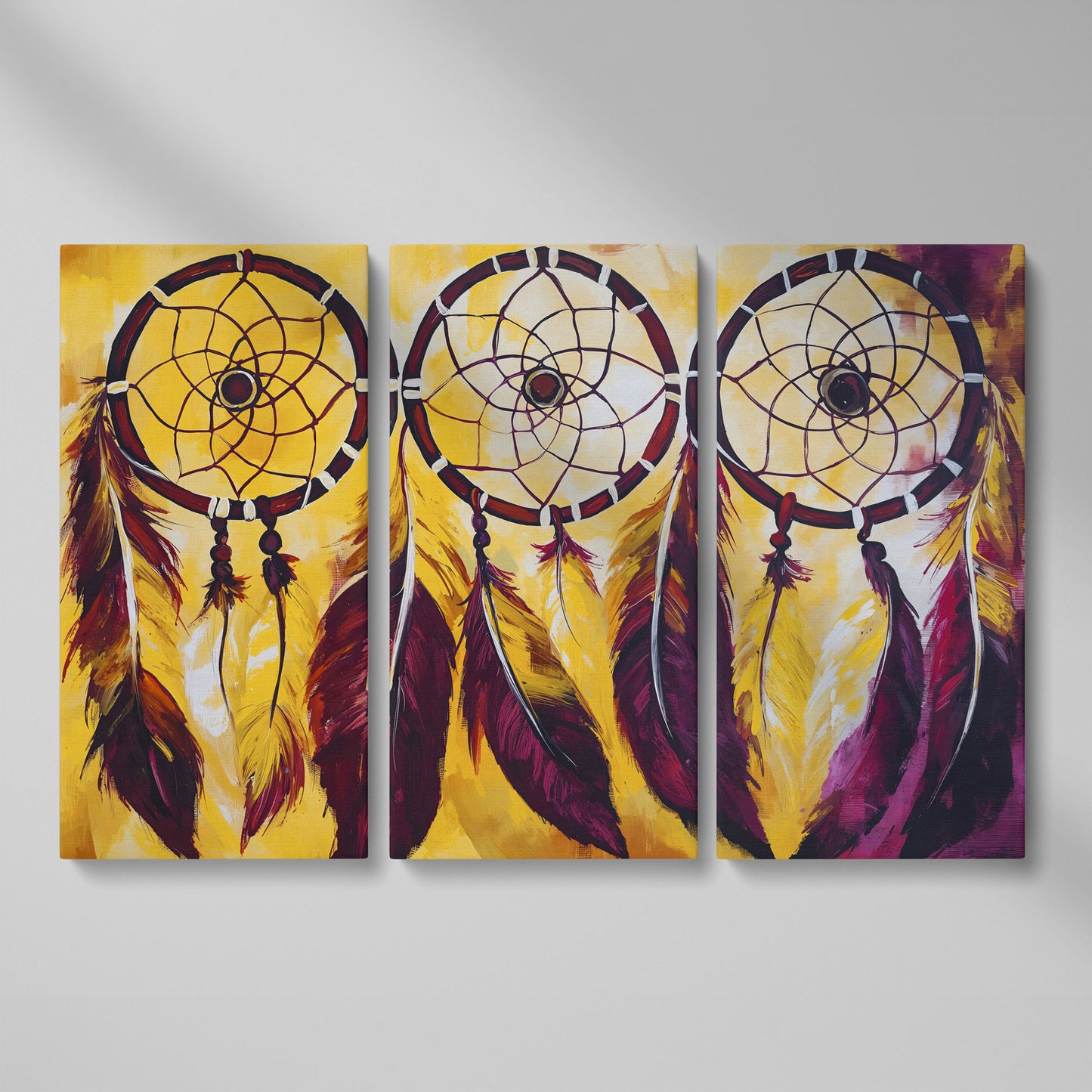 Three Dreamcatchers with Feathers Canvas Wall Art as 3-panel split version