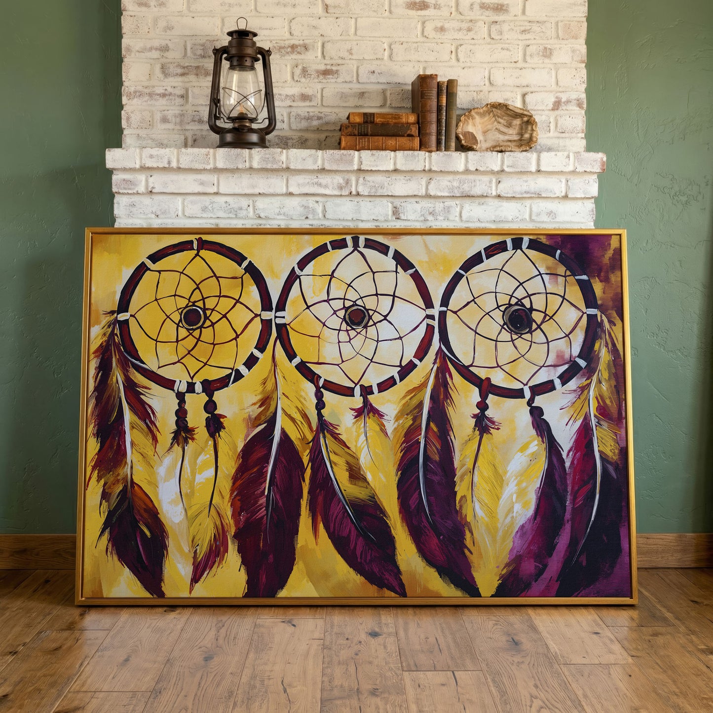 Three Dreamcatchers with Feathers Canvas Wall Art in antique gold floating frame