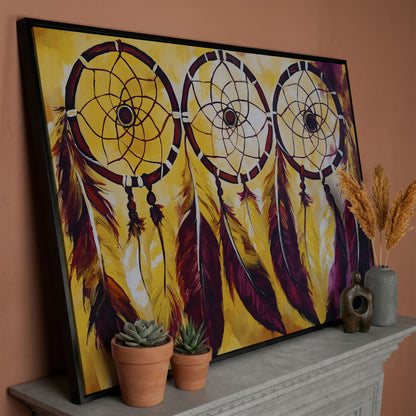 Three Dreamcatchers with Feathers Canvas Wall Art in black floating frame