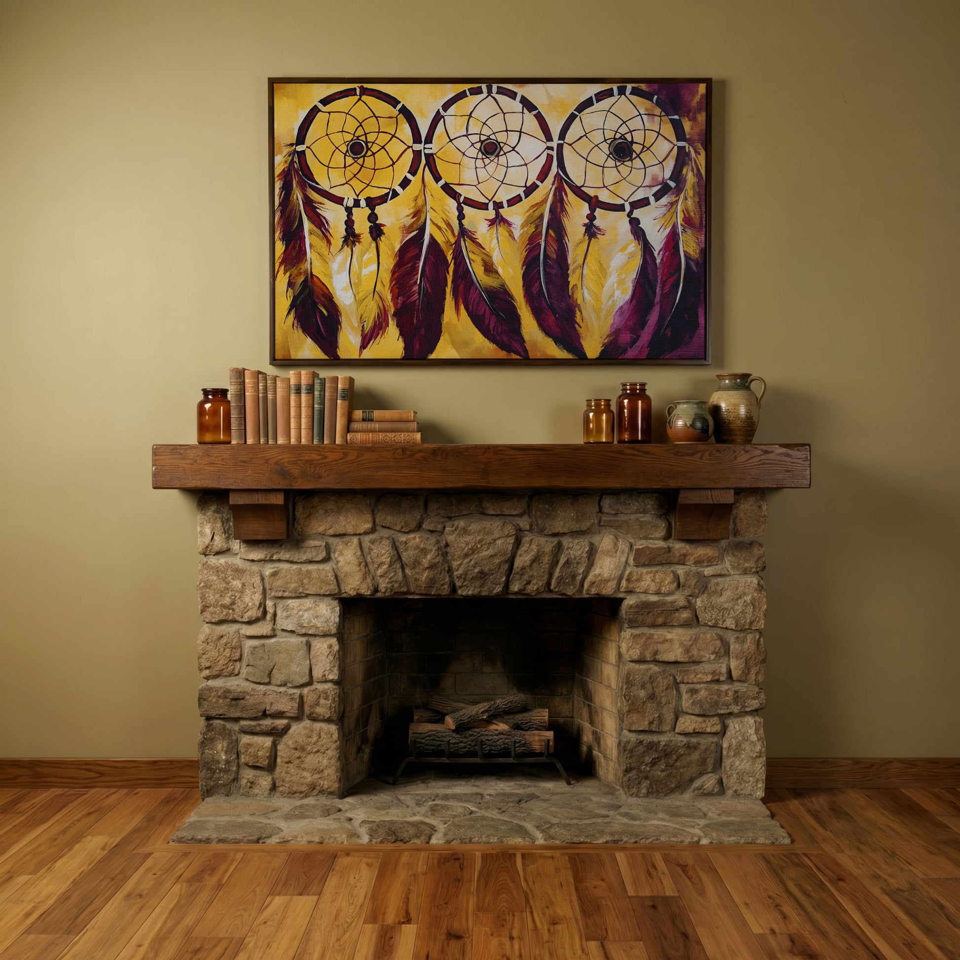 Three Dreamcatchers with Feathers Canvas Wall Art in dark walnut floating frame