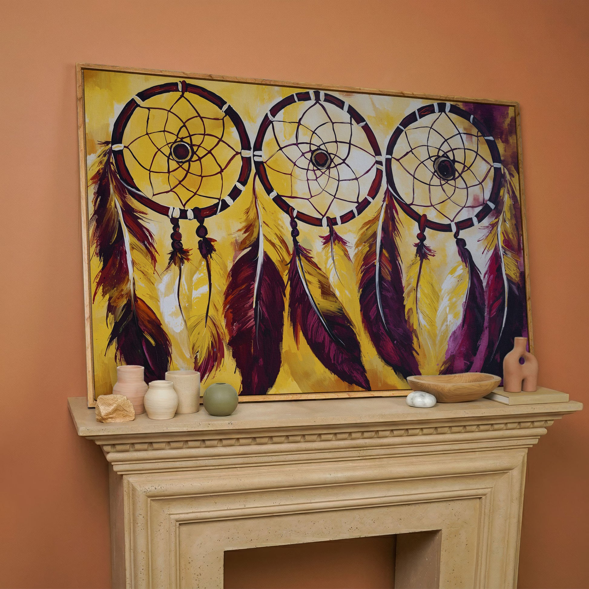 Three Dreamcatchers with Feathers Canvas Wall Art in white oak floating frame