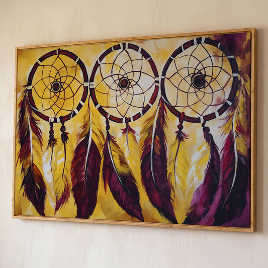 Three Dreamcatchers with Feathers Canvas Wall Art shown in white oak floating frame