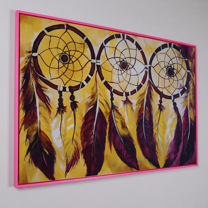 Three Dreamcatchers with Feathers Canvas Wall Art in pink floating frame