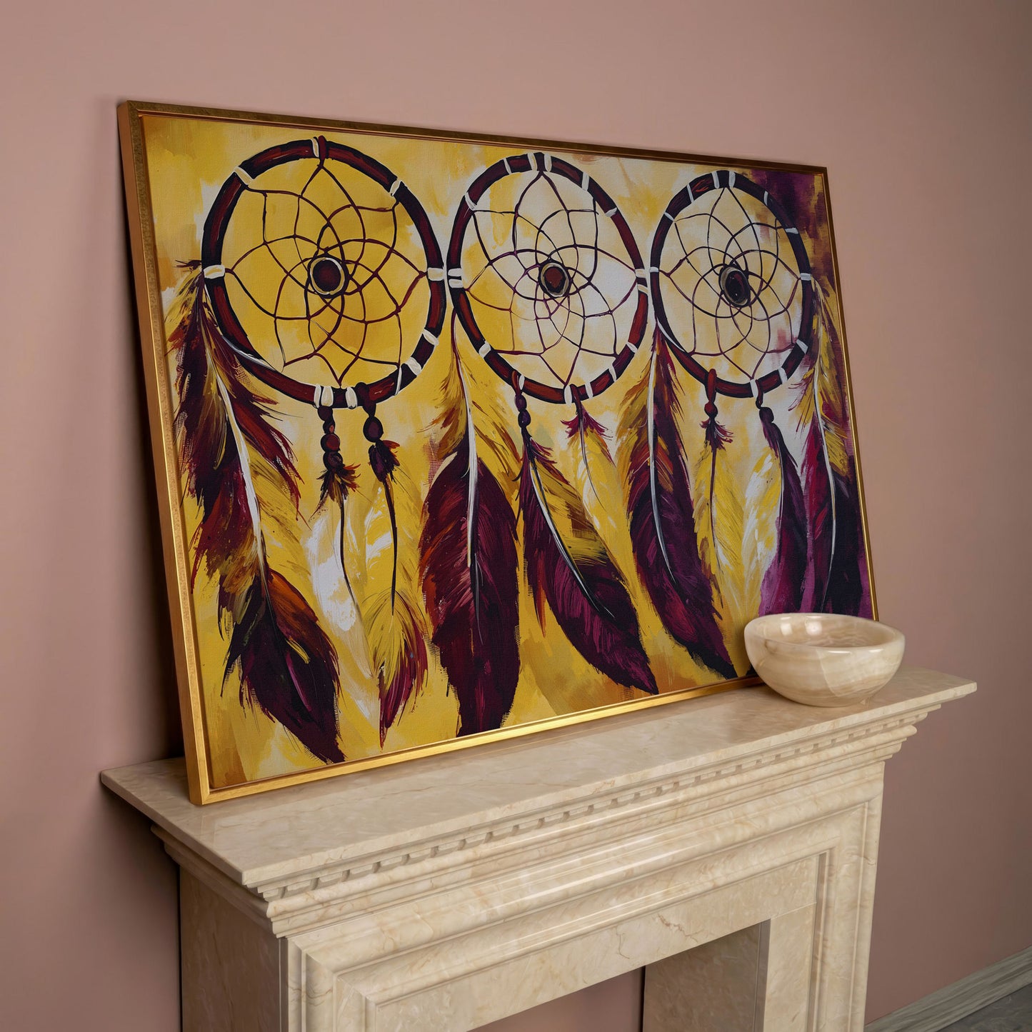 Three Dreamcatchers with Feathers Canvas Wall Art in rose gold floating frame
