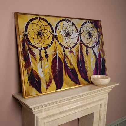 Three Dreamcatchers with Feathers Canvas Wall Art in rose gold floating frame