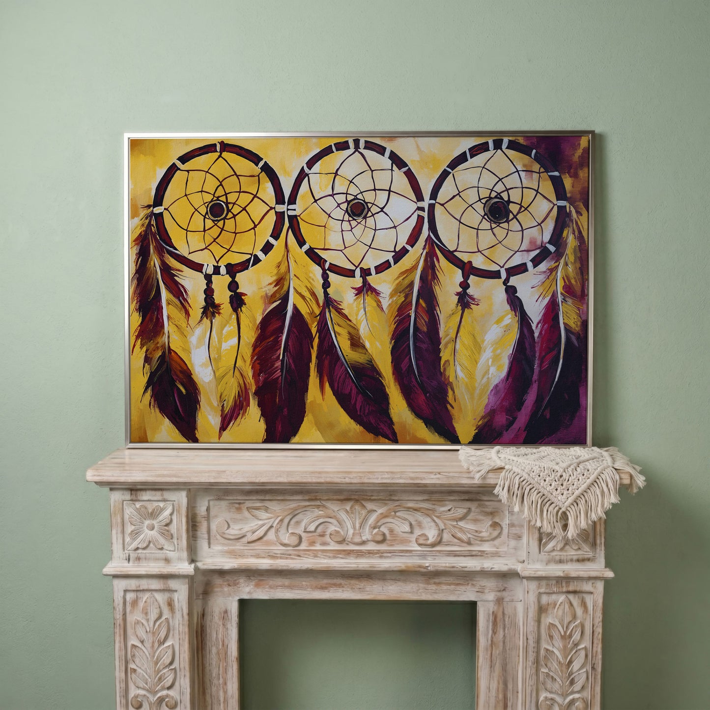 Three Dreamcatchers with Feathers Canvas Wall Art in silver floating frame