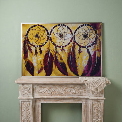 Three Dreamcatchers with Feathers Canvas Wall Art in silver floating frame