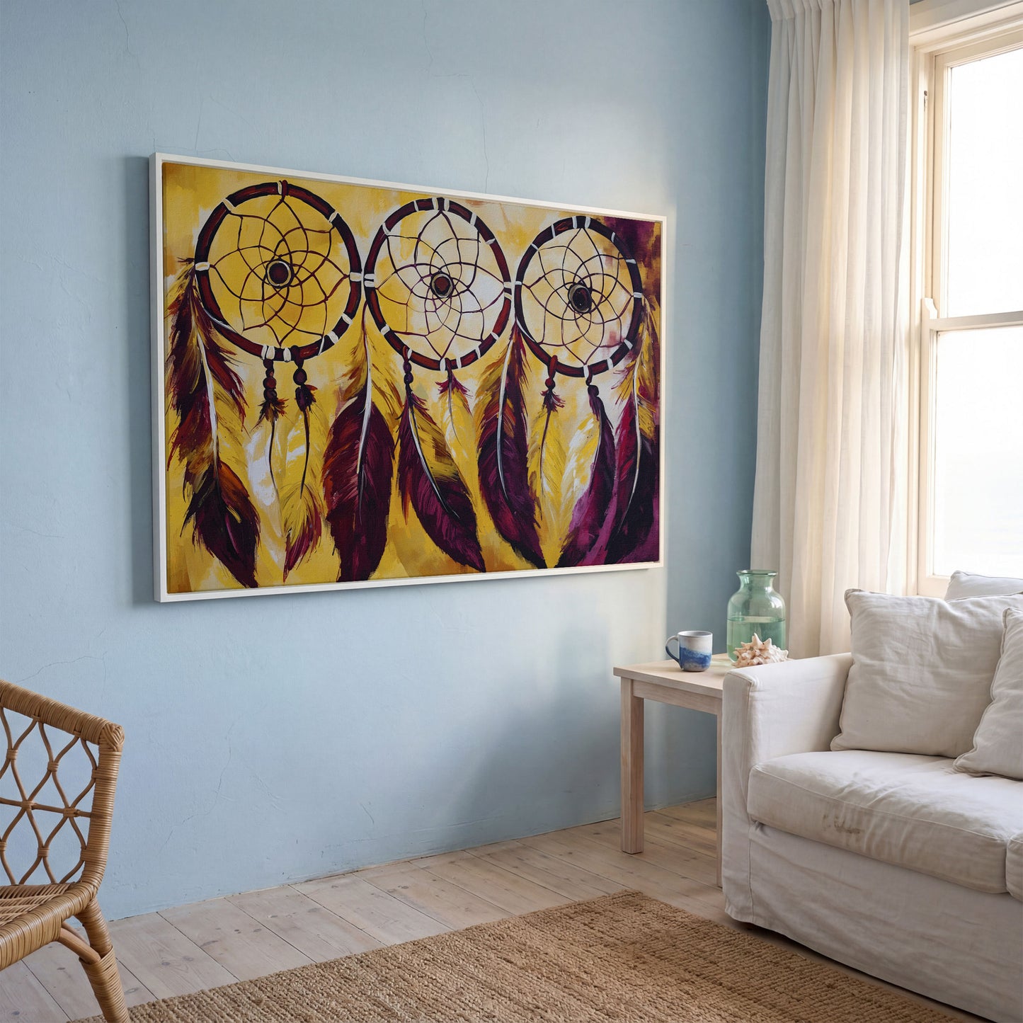 Three Dreamcatchers with Feathers Canvas Wall Art in white floating frame