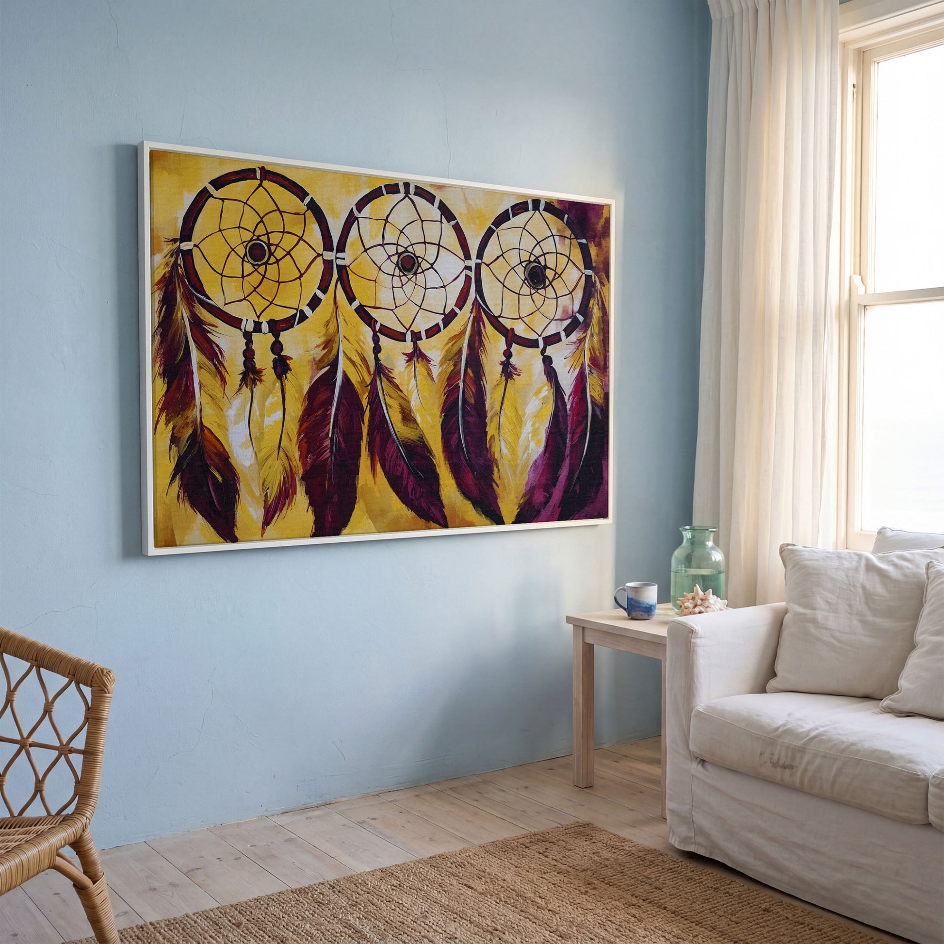 Three Dreamcatchers with Feathers Canvas Wall Art in white floating frame