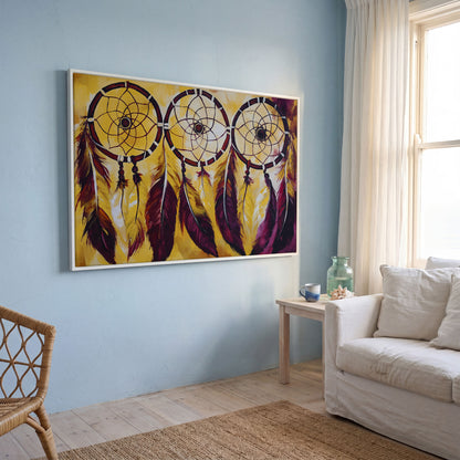 Three Dreamcatchers with Feathers Canvas Wall Art in white floating frame