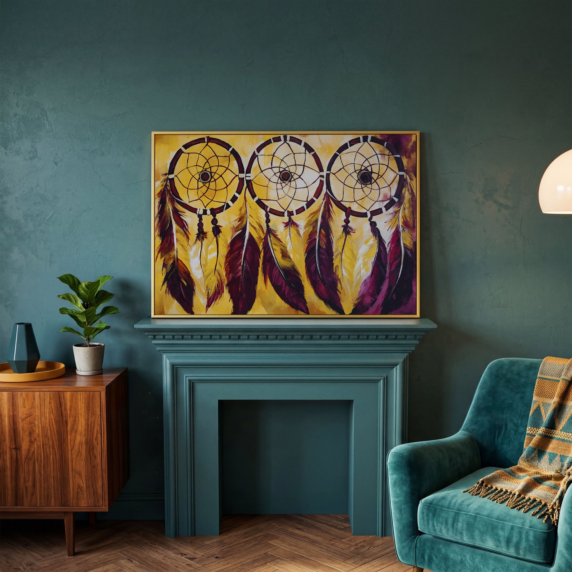 Three Dreamcatchers with Feathers Canvas Wall Art in yellow gold floating frame