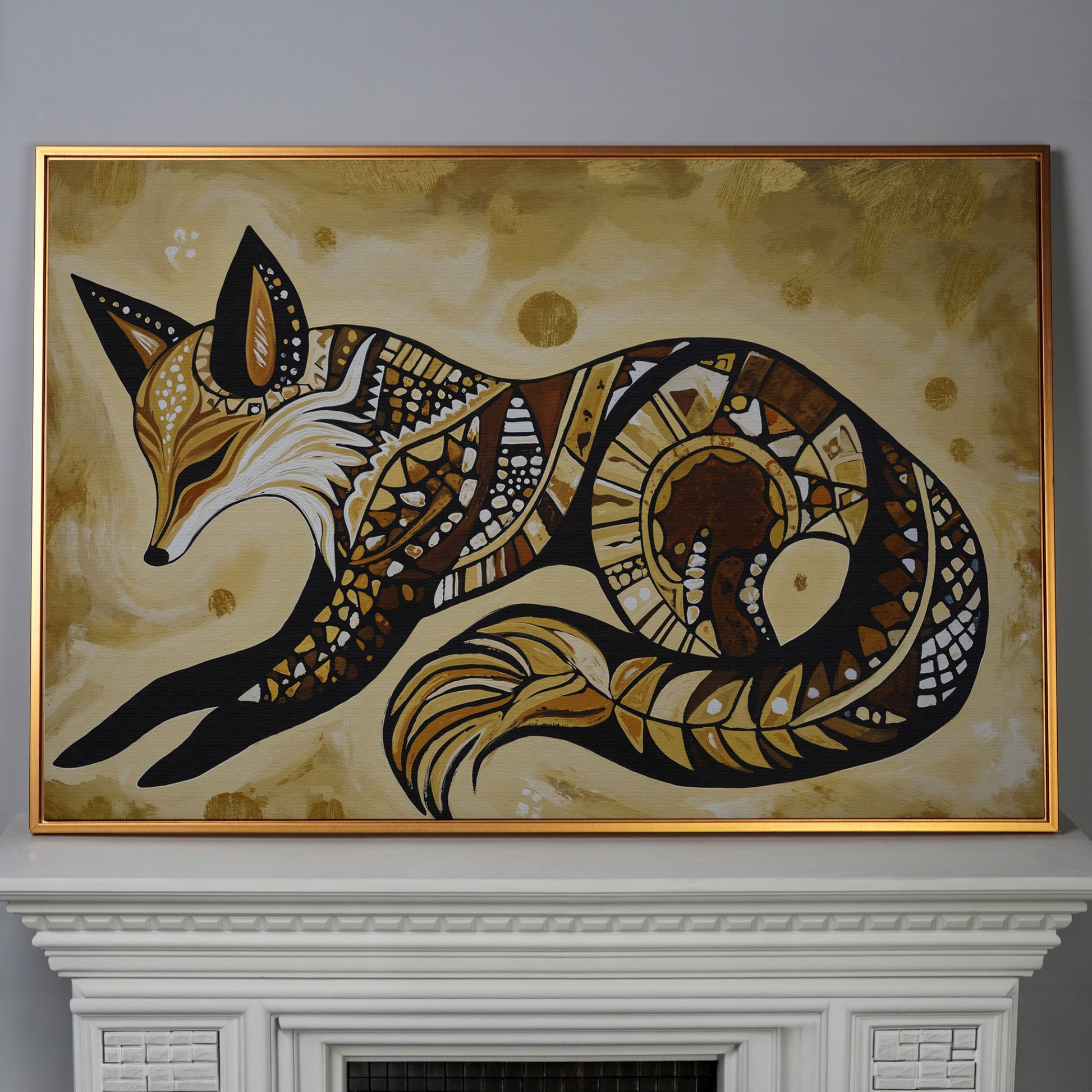 Red Fox Portrait Canvas Wall Art, Wildlife Close-Up in antique gold floating frame