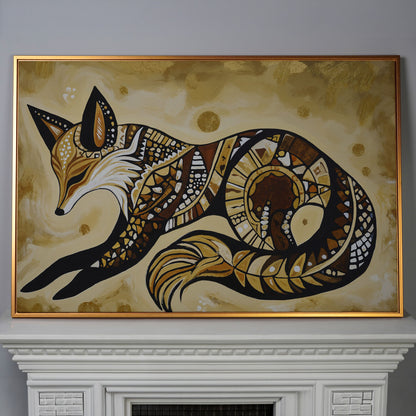 Red Fox Portrait Canvas Wall Art, Wildlife Close-Up in antique gold floating frame