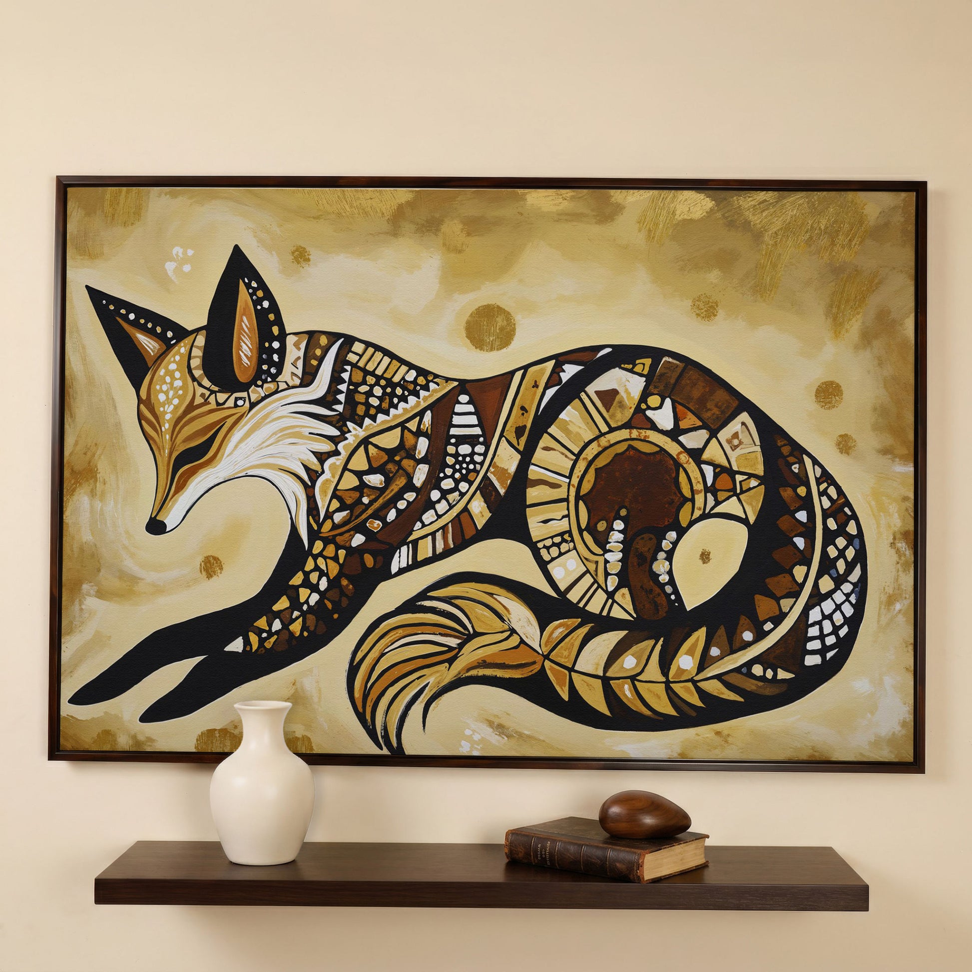 Red Fox Portrait Canvas Wall Art, Wildlife Close-Up in dark walnut floating frame