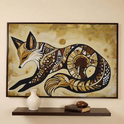 Red Fox Portrait Canvas Wall Art, Wildlife Close-Up in dark walnut floating frame