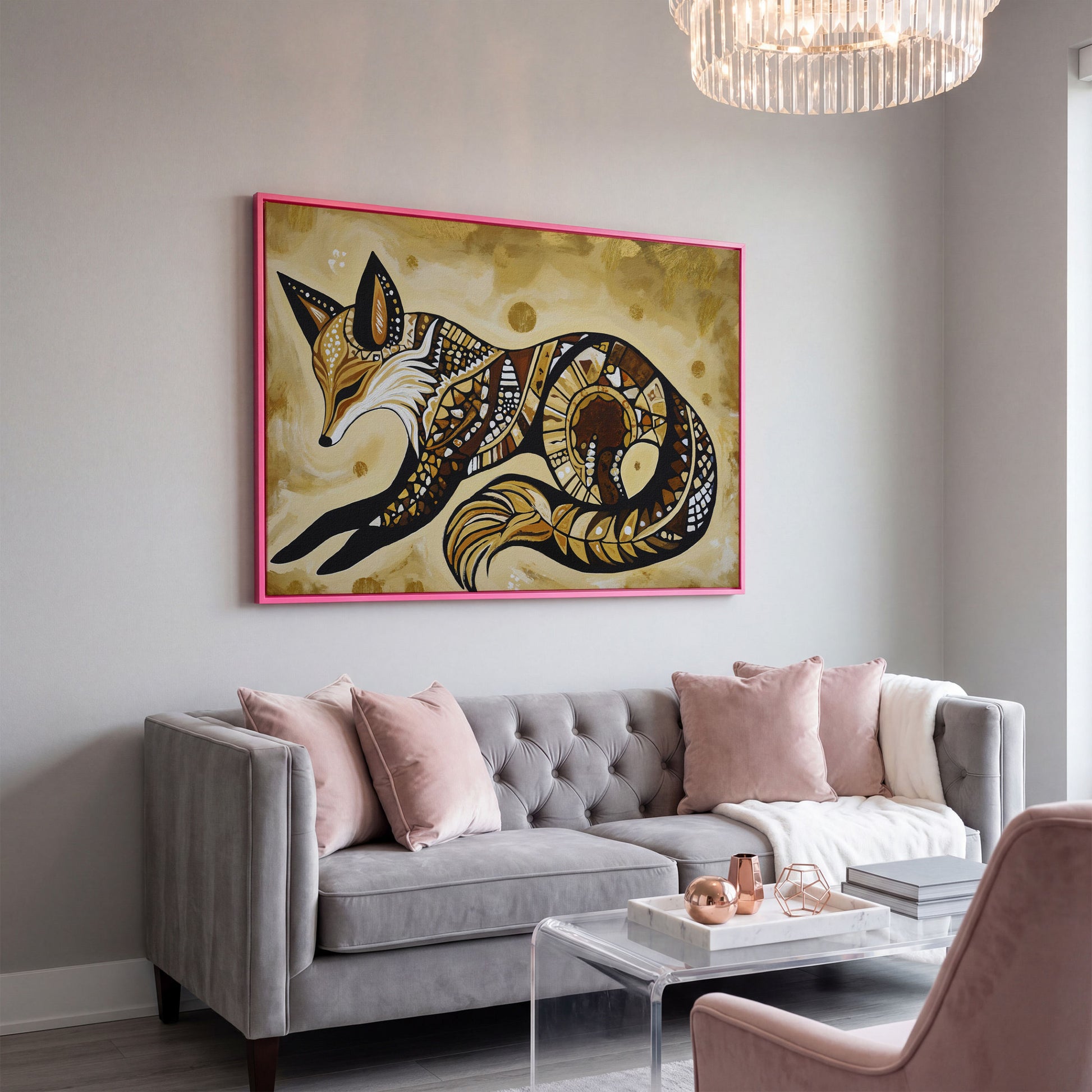 Red Fox Portrait Canvas Wall Art, Wildlife Close-Up in pink floating frame