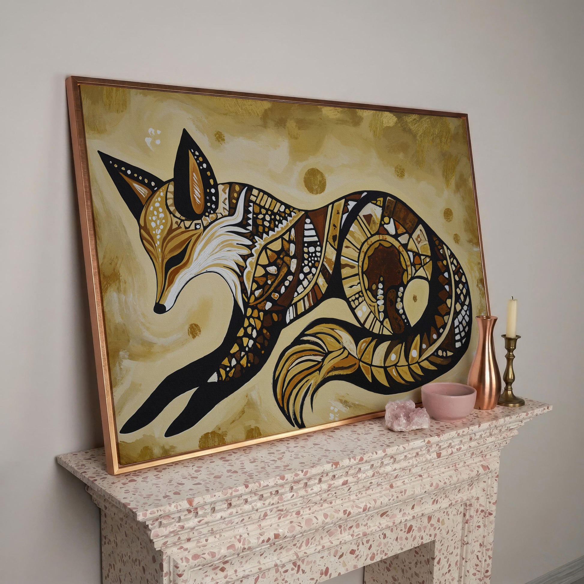 Red Fox Portrait Canvas Wall Art, Wildlife Close-Up in rose gold floating frame