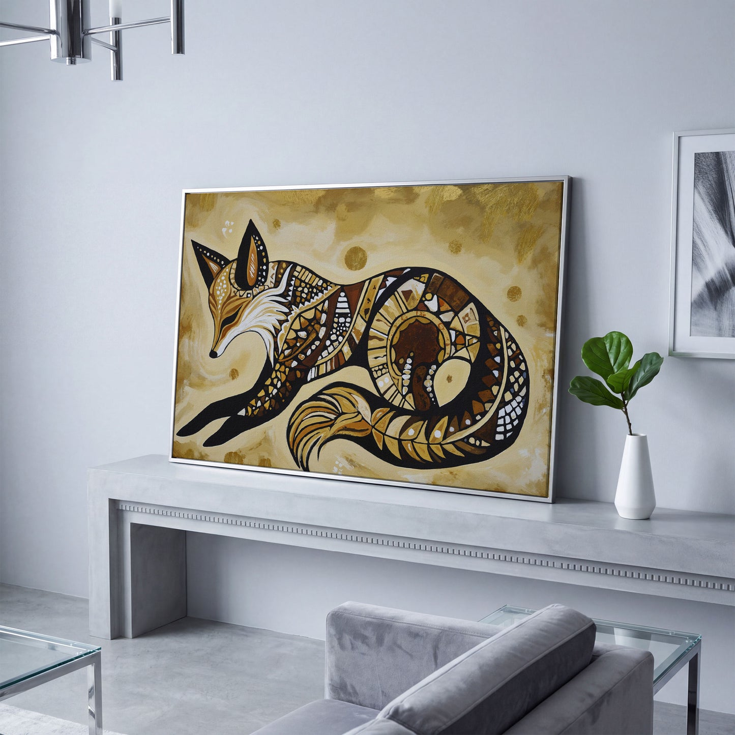 Red Fox Portrait Canvas Wall Art, Wildlife Close-Up in silver floating frame