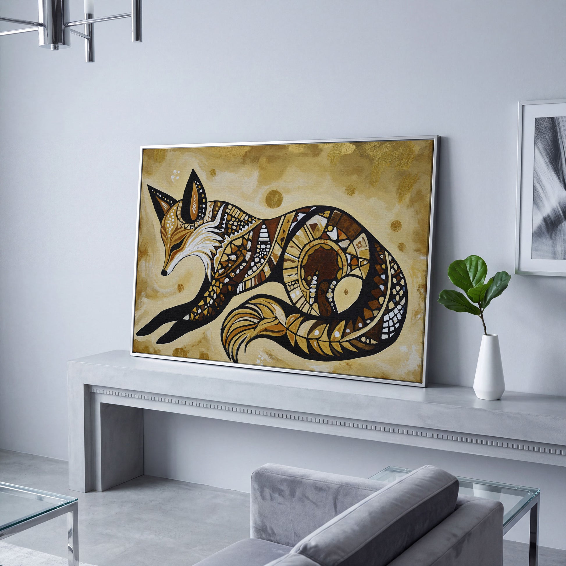 Red Fox Portrait Canvas Wall Art, Wildlife Close-Up in silver floating frame