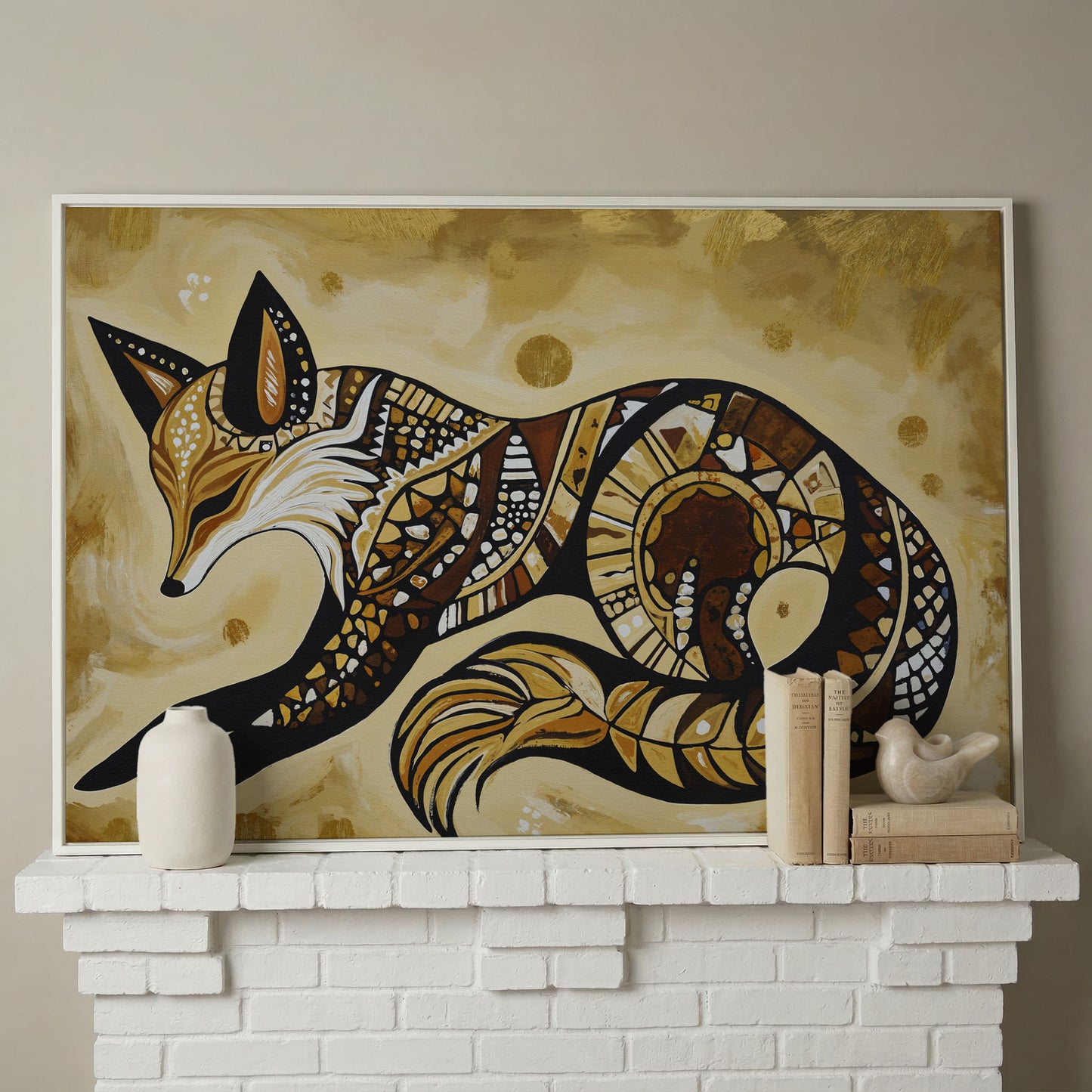 Red Fox Portrait Canvas Wall Art, Wildlife Close-Up in white floating frame