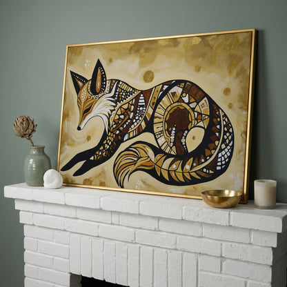 Red Fox Portrait Canvas Wall Art, Wildlife Close-Up in yellow gold floating frame