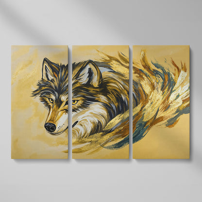 Wolf Portrait Canvas Art with Abstract Brushstroke Detail as 3-panel split version