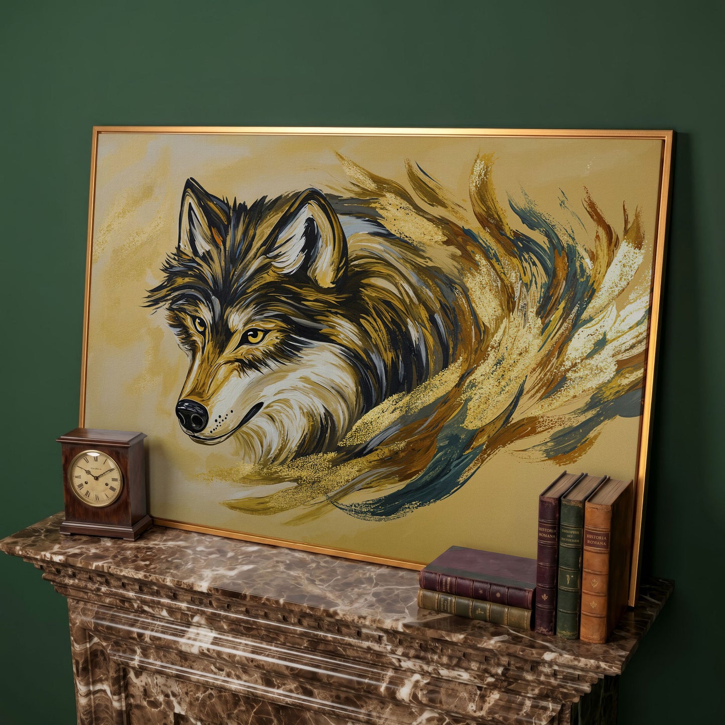 Wolf Portrait Canvas Art with Abstract Brushstroke Detail in antique gold floating frame
