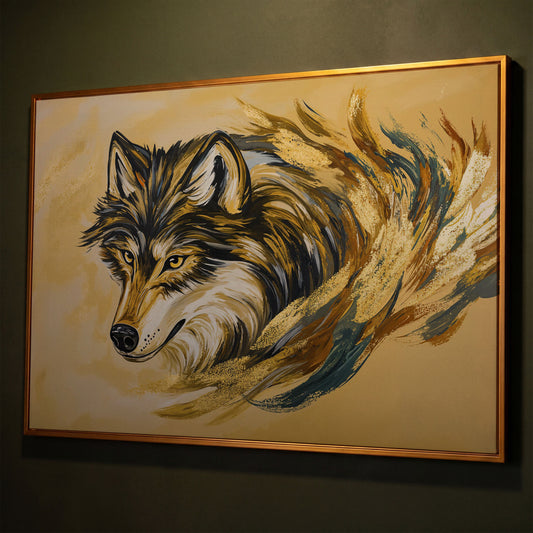 Wolf Portrait Canvas Art with Abstract Brushstroke Detail shown in antique gold floating frame