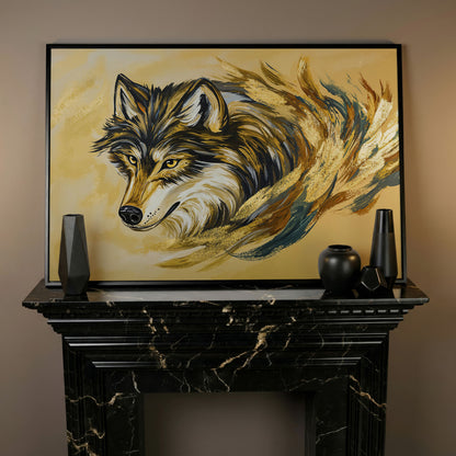 Wolf Portrait Canvas Art with Abstract Brushstroke Detail in black floating frame