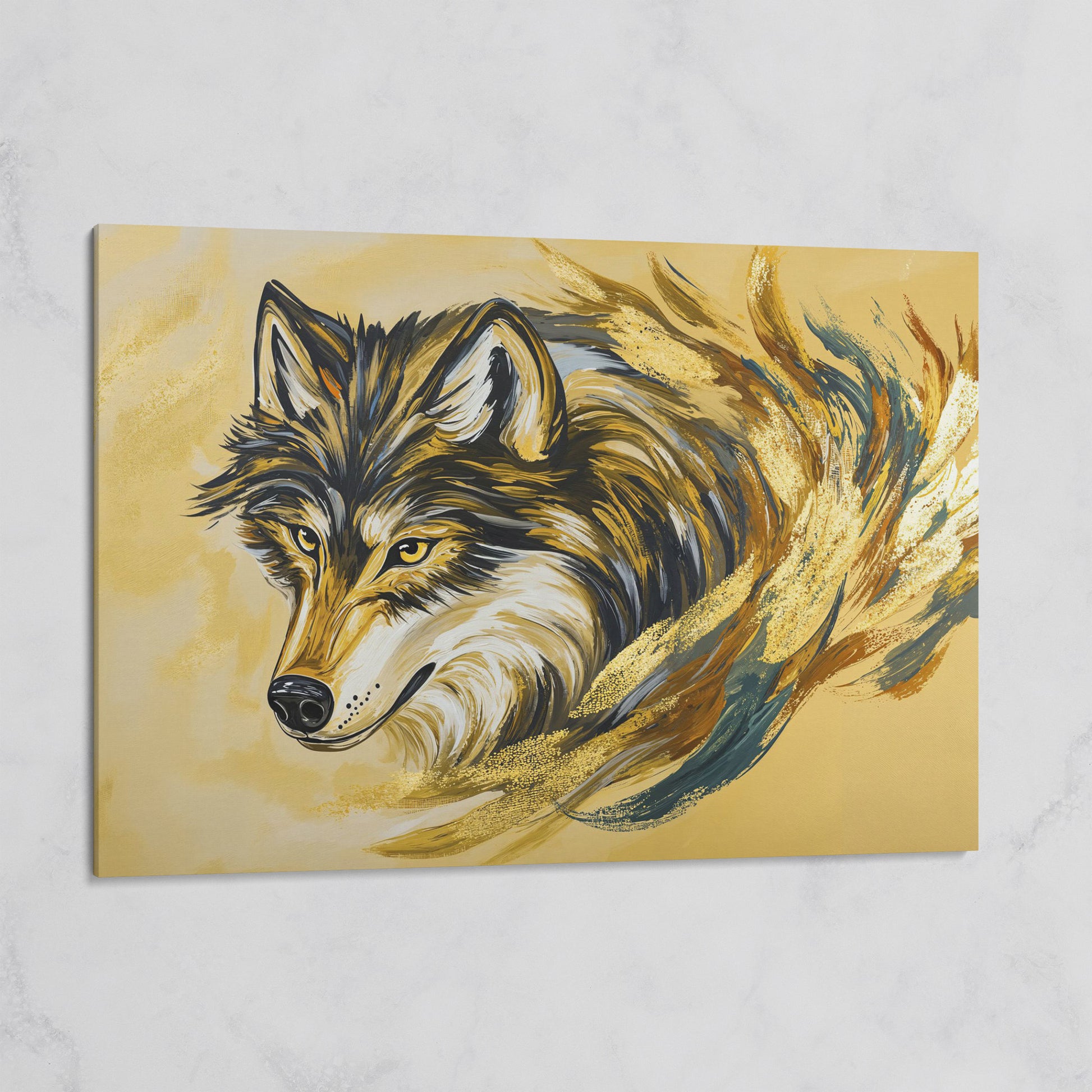 Wolf Portrait Canvas Art with Abstract Brushstroke Detail on gallery wrap