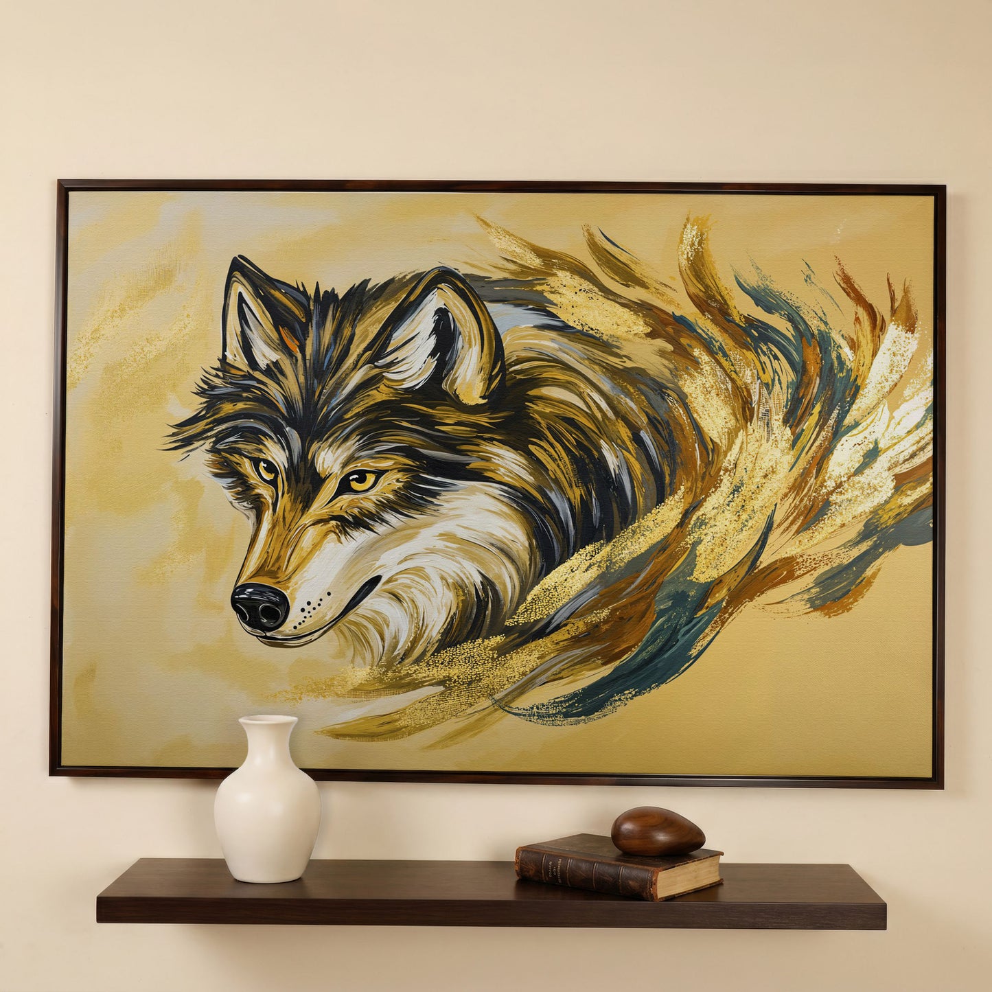 Wolf Portrait Canvas Art with Abstract Brushstroke Detail in dark walnut floating frame