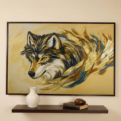 Wolf Portrait Canvas Art with Abstract Brushstroke Detail in dark walnut floating frame