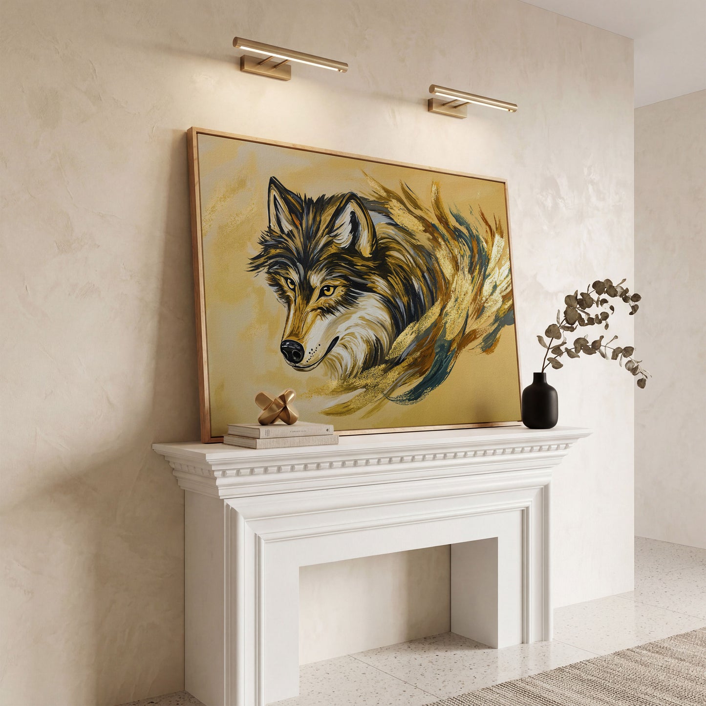 Wolf Portrait Canvas Art with Abstract Brushstroke Detail in white oak floating frame