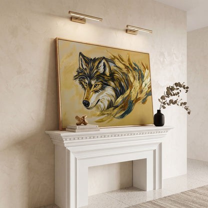 Wolf Portrait Canvas Art with Abstract Brushstroke Detail in white oak floating frame