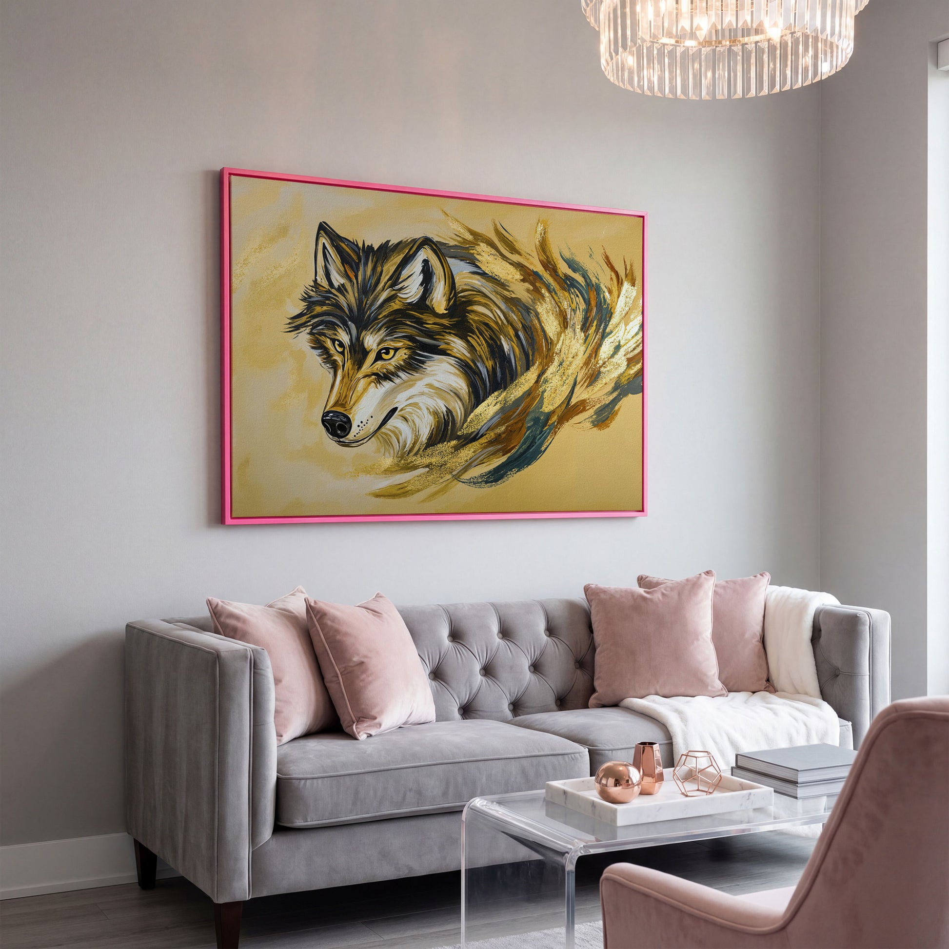 Wolf Portrait Canvas Art with Abstract Brushstroke Detail in pink floating frame