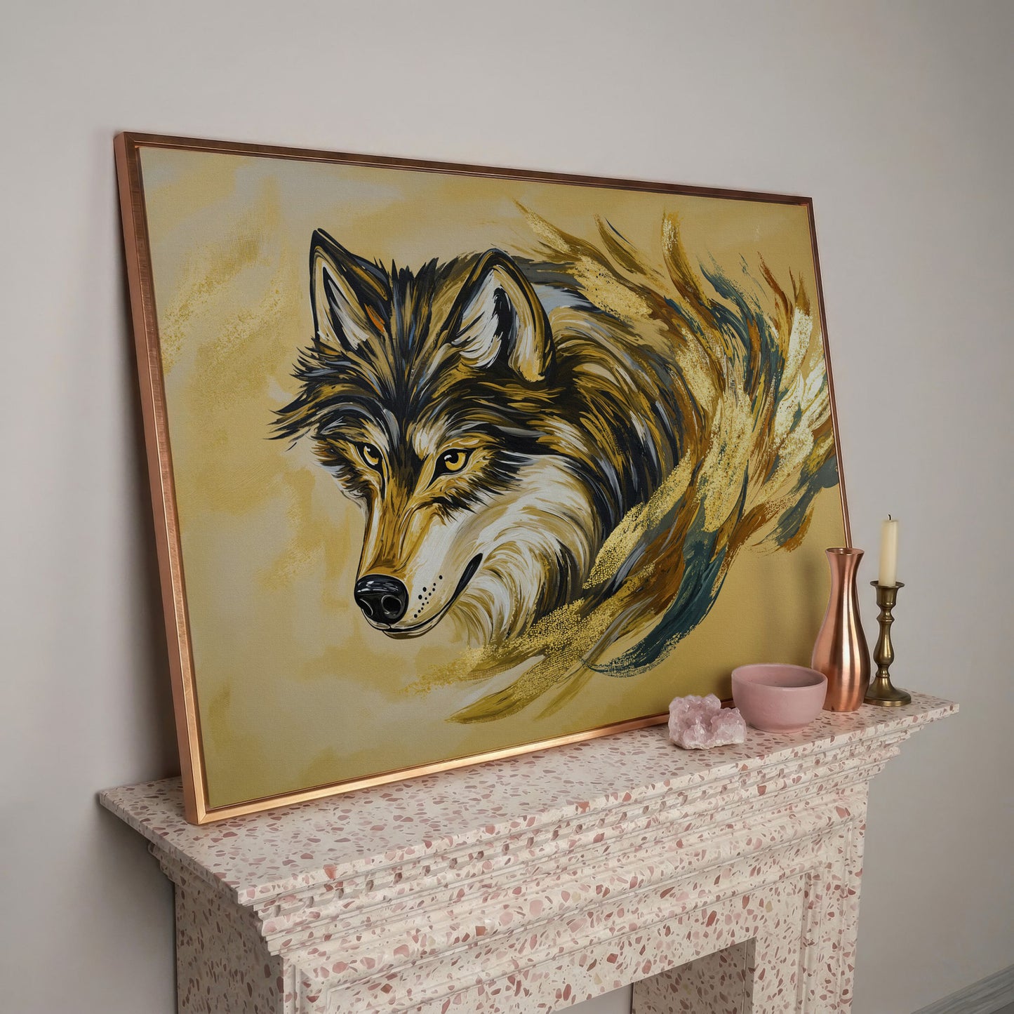 Wolf Portrait Canvas Art with Abstract Brushstroke Detail in rose gold floating frame