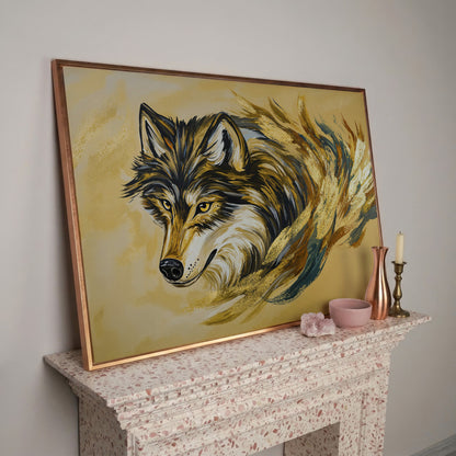 Wolf Portrait Canvas Art with Abstract Brushstroke Detail in rose gold floating frame