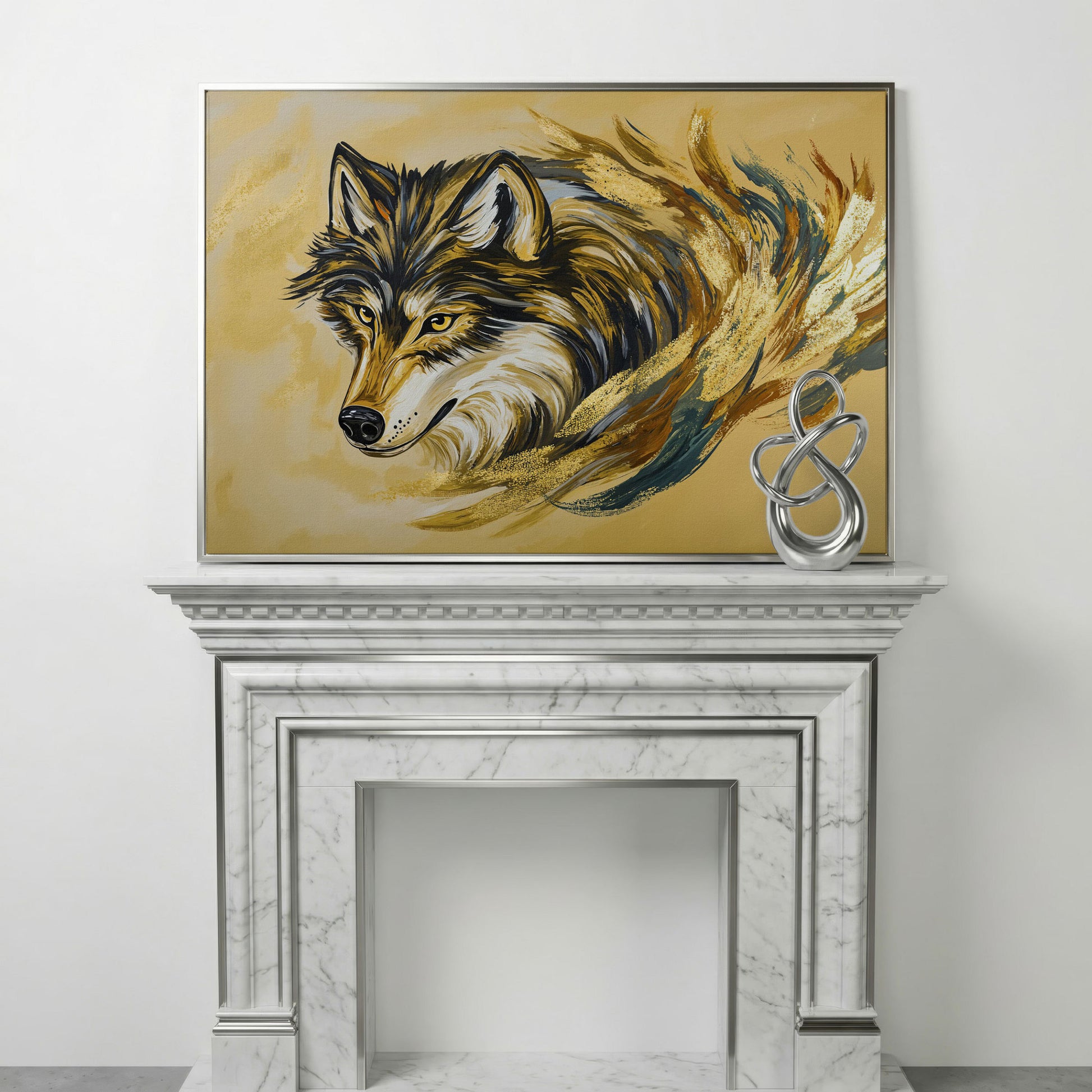 Wolf Portrait Canvas Art with Abstract Brushstroke Detail in silver floating frame