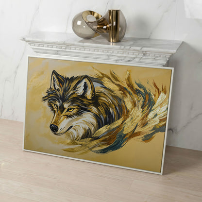 Wolf Portrait Canvas Art with Abstract Brushstroke Detail in white floating frame