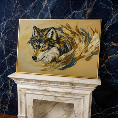 Wolf Portrait Canvas Art with Abstract Brushstroke Detail in yellow gold floating frame