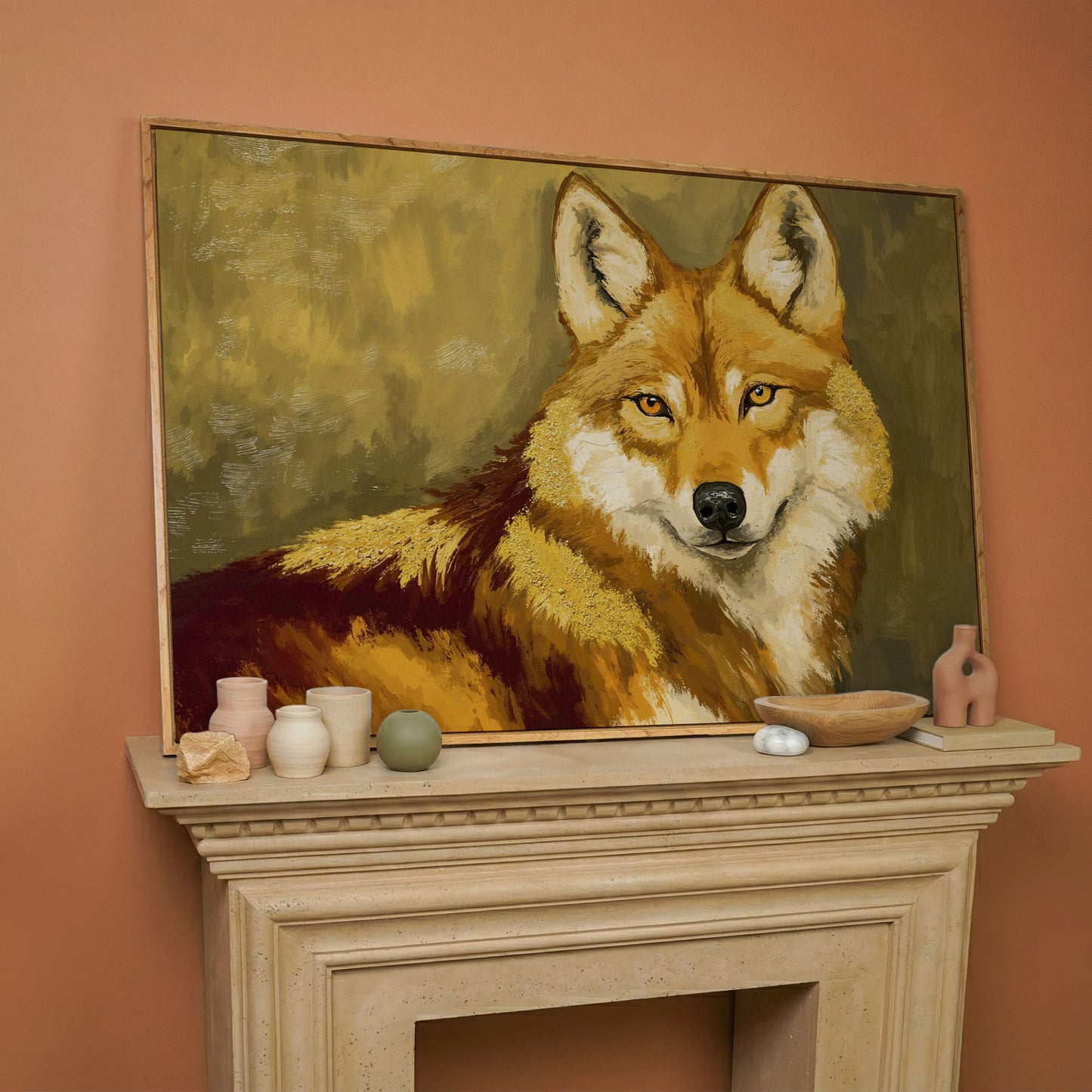 Close-Up Fox Portrait Canvas Wall Art in white oak floating frame