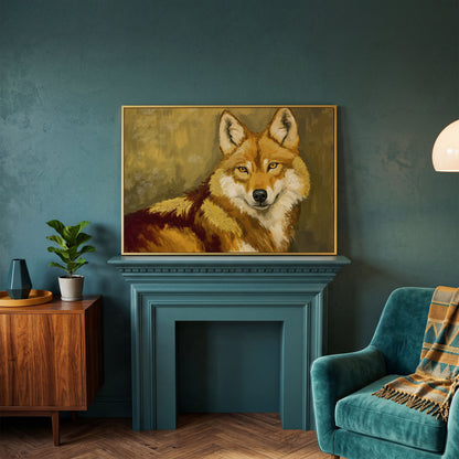 Close-Up Fox Portrait Canvas Wall Art in yellow gold floating frame