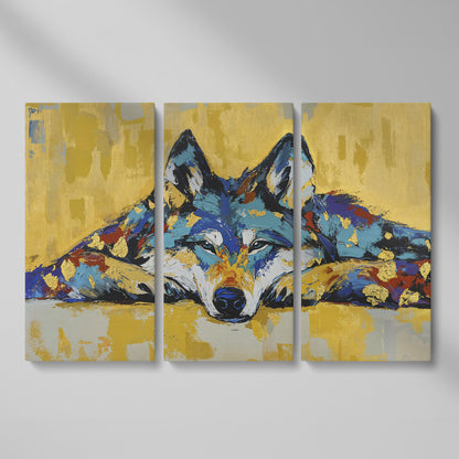 Resting Wolf Canvas Wall Art, Wildlife Print as 3-panel split version