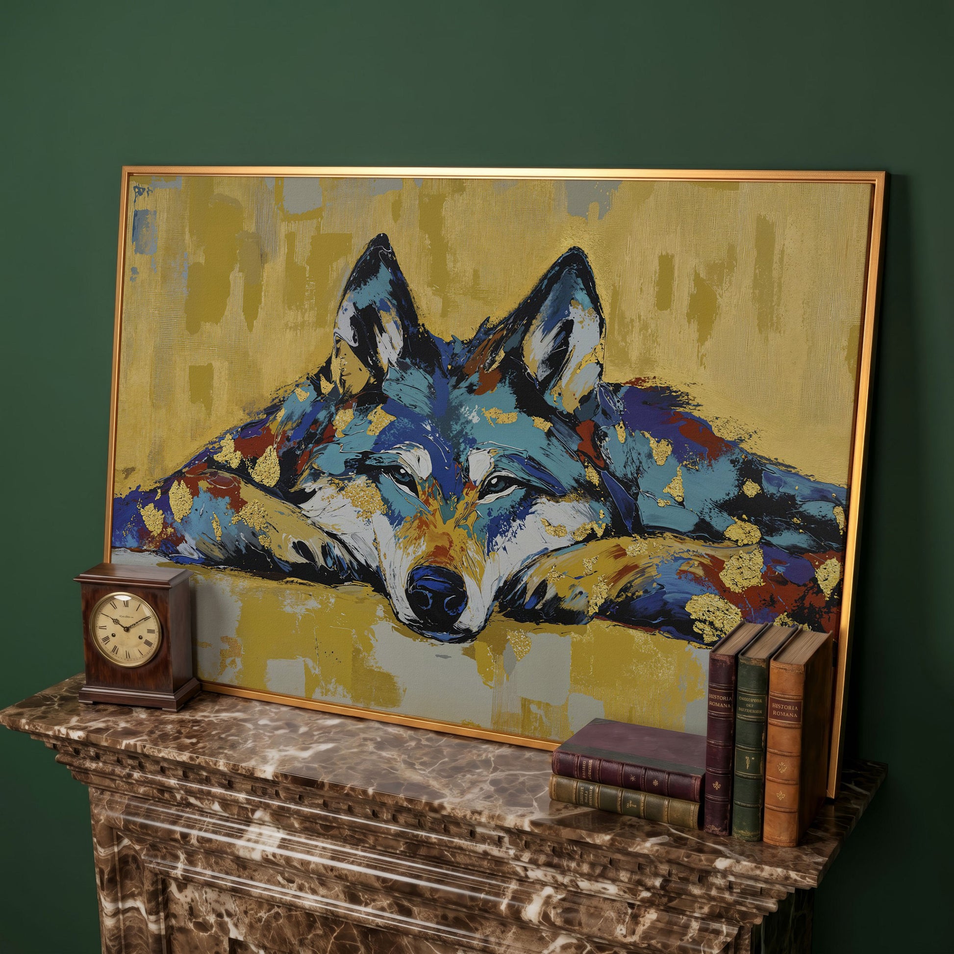Resting Wolf Canvas Wall Art, Wildlife Print in antique gold floating frame
