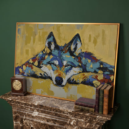 Resting Wolf Canvas Wall Art, Wildlife Print in antique gold floating frame
