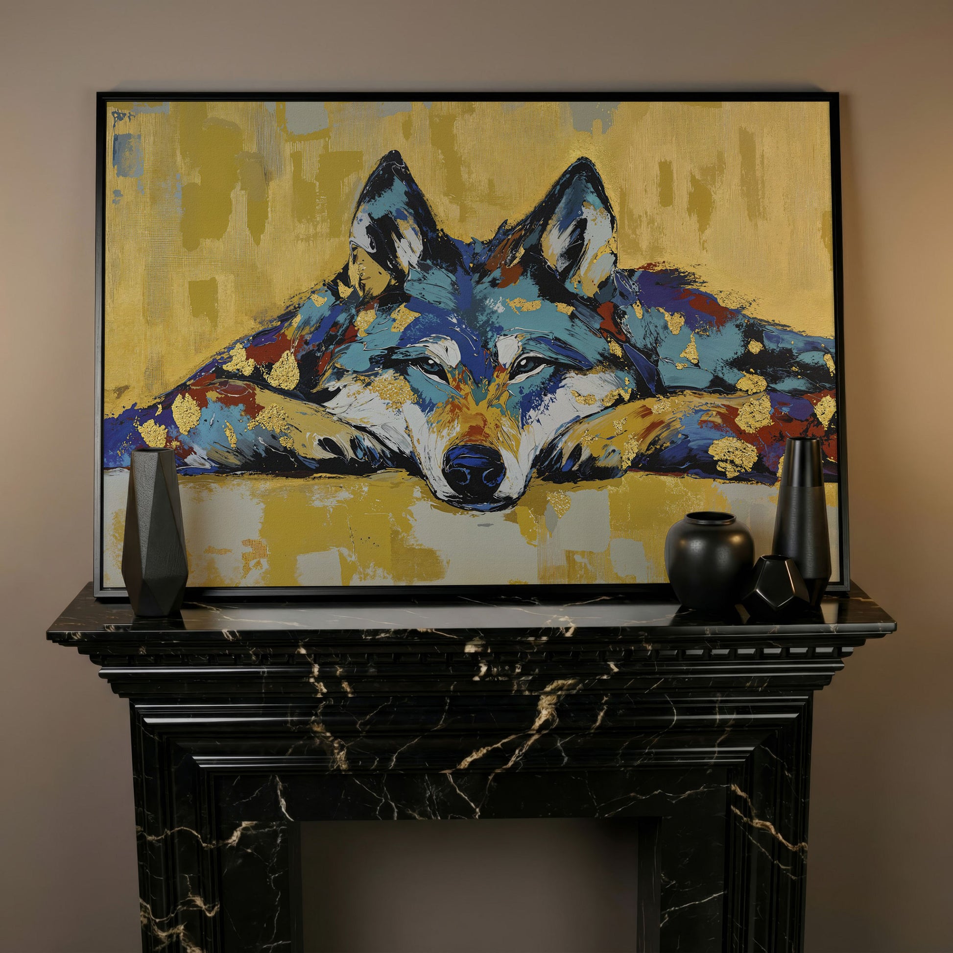 Resting Wolf Canvas Wall Art, Wildlife Print in black floating frame