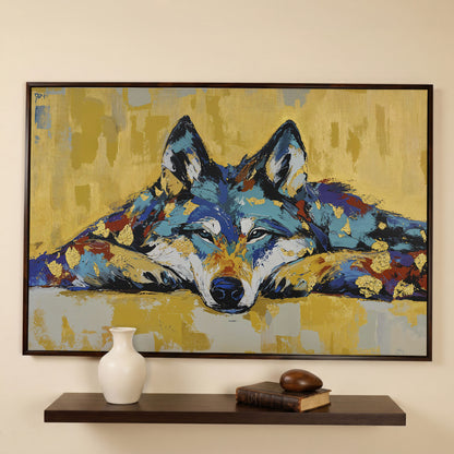Resting Wolf Canvas Wall Art, Wildlife Print in dark walnut floating frame