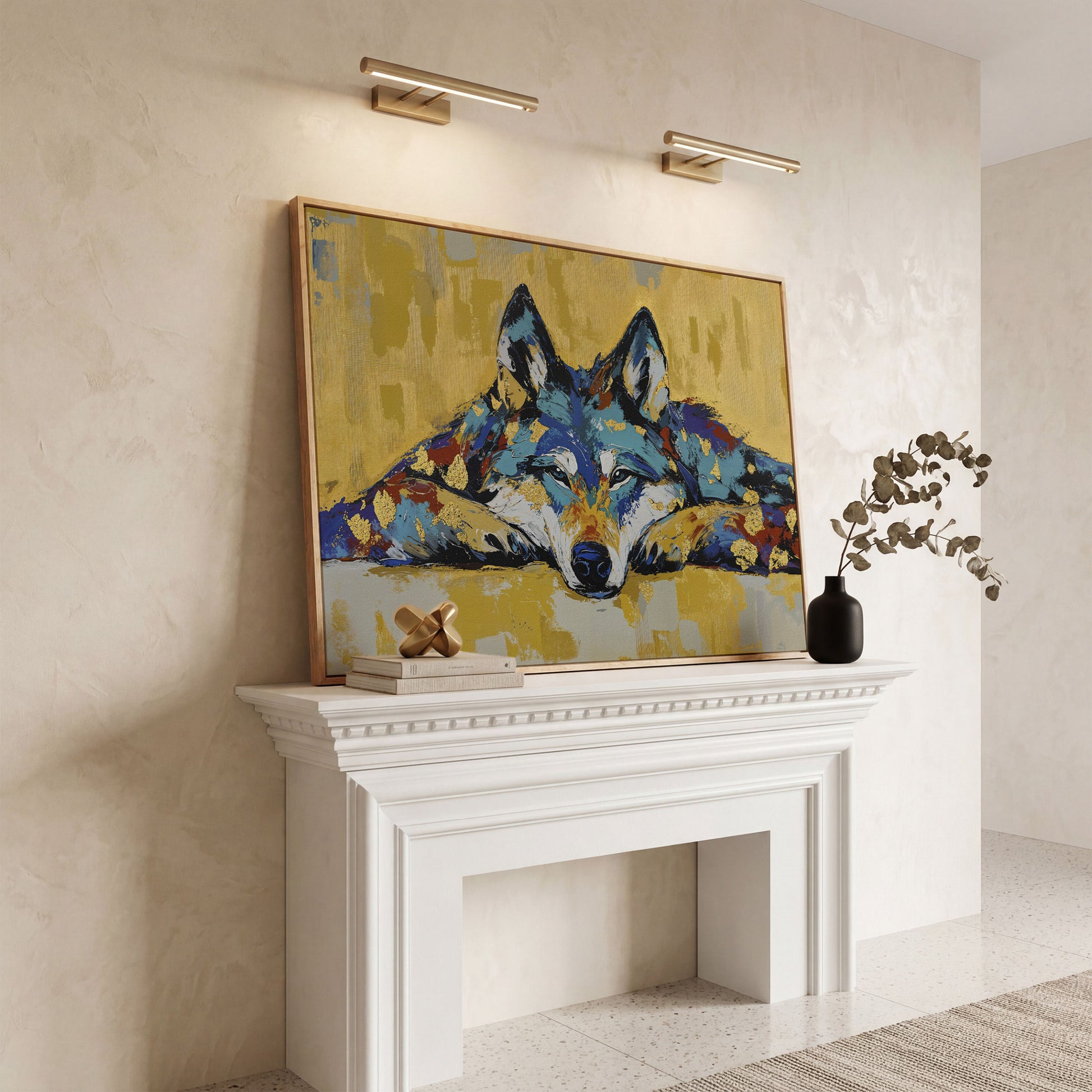 Resting Wolf Canvas Wall Art, Wildlife Print in white oak floating frame