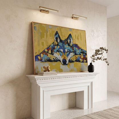 Resting Wolf Canvas Wall Art, Wildlife Print in white oak floating frame