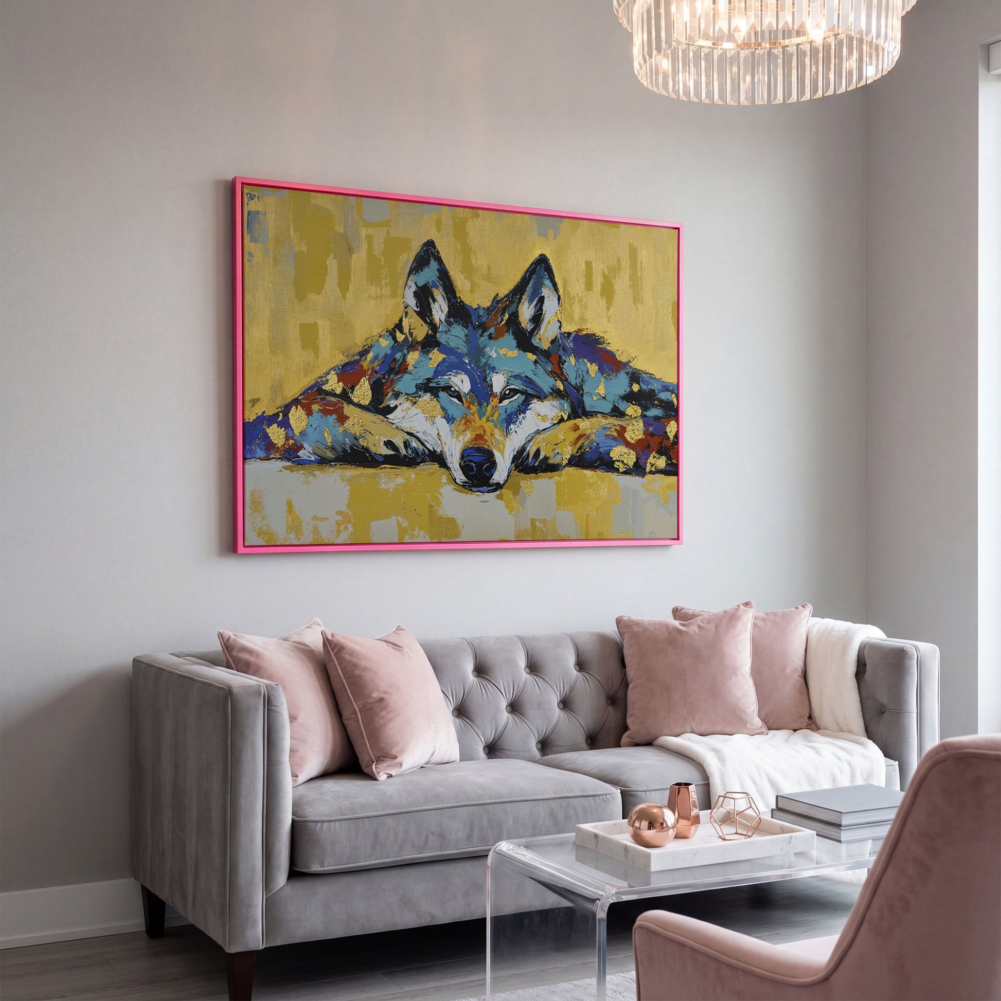Resting Wolf Canvas Wall Art, Wildlife Print in pink floating frame